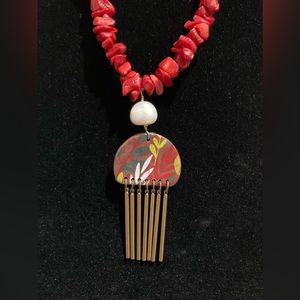 Coral Necklace with a Clay Pendant